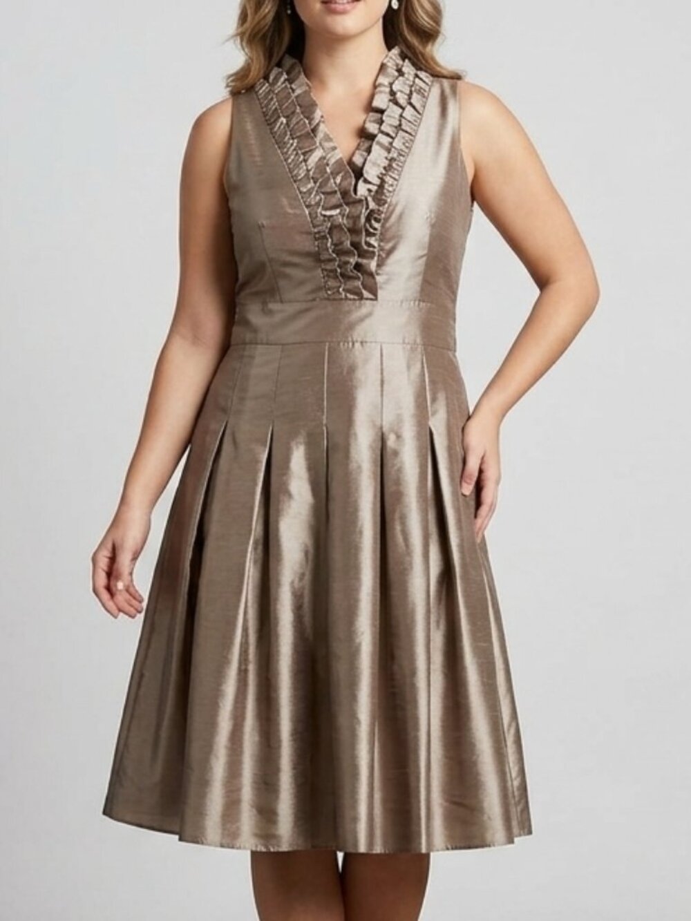 Jessica Howard Metallic Bronze Champagne Taffeta Ruffled Cocktail Dress Size 12